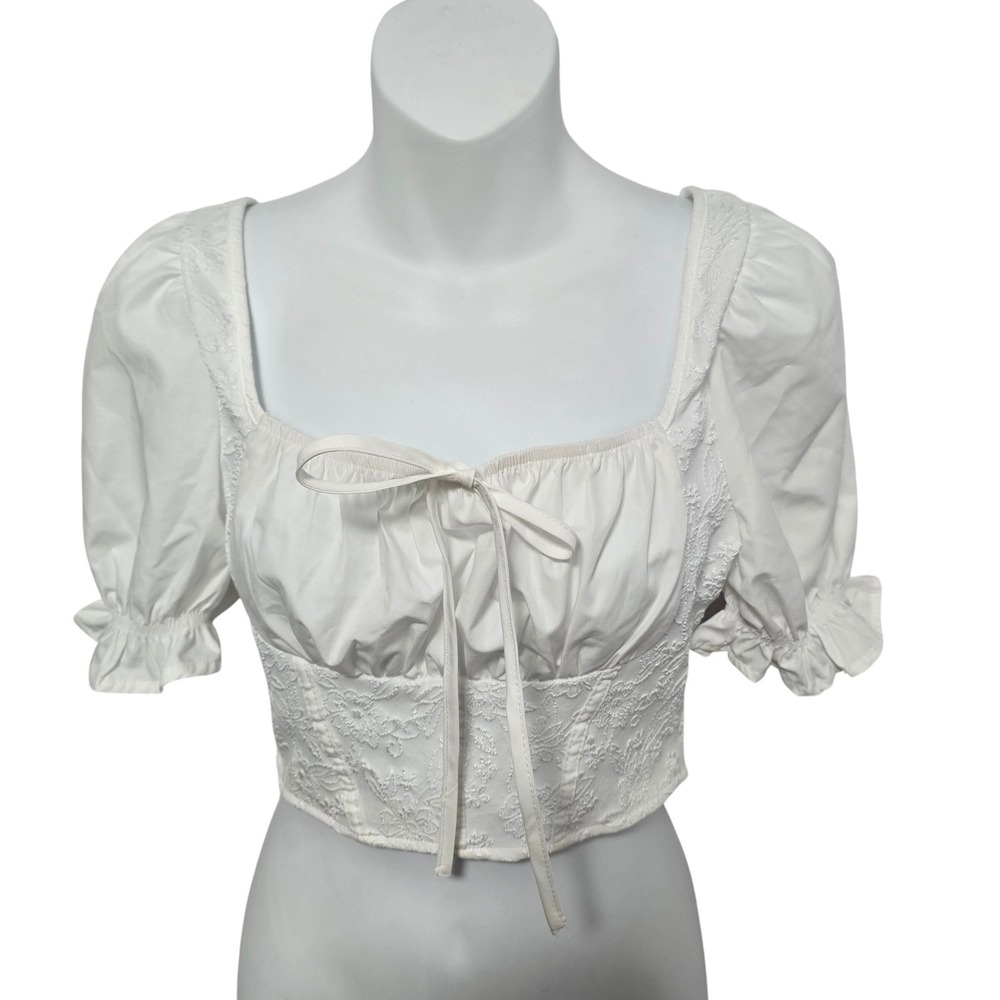 SHEIN White Lace Corset Puff Milkmaid Top Cottagecore Size S Dirndl Renaissance
